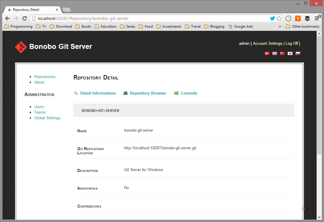 Detail of created repository in Bonobo Git Server
